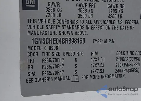 2011 Chevrolet Suburban 1500 Ls z USA, uszkodzony, nr VIN 1GNSCHE04BR398150